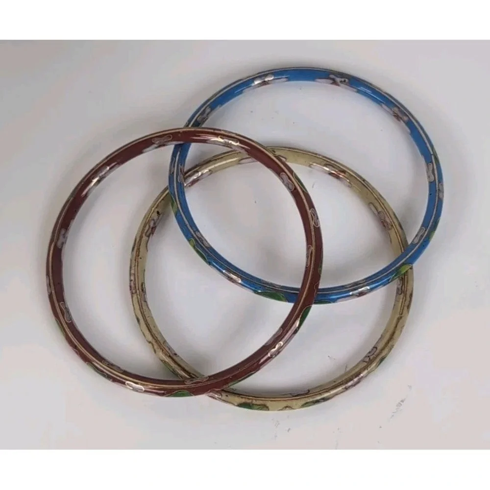 Cloisonné Bangles Bracelet Set of 3 Floral Metal Enamel Jewelry Vintage Retro